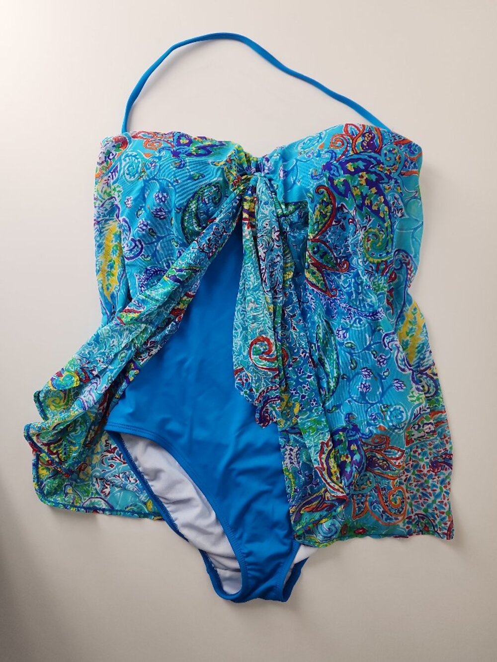 Ralph Lauren turquoise paisley flyaway one-piece swimsuit halter or strapless 6